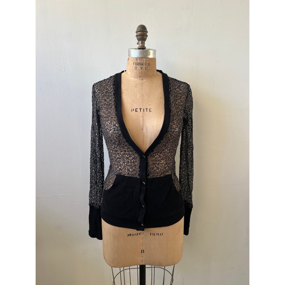 Natalia Romano Black Silver Metallic Sheer Open Knit Cardigan Sweater Size M